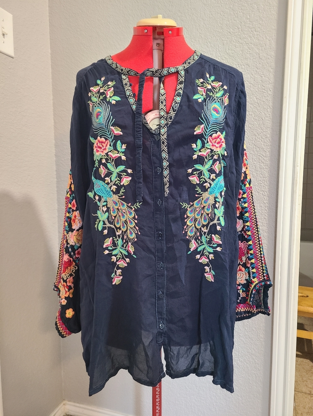 Johnny Was Navy Peacock Sable Blouse Tunic Size L